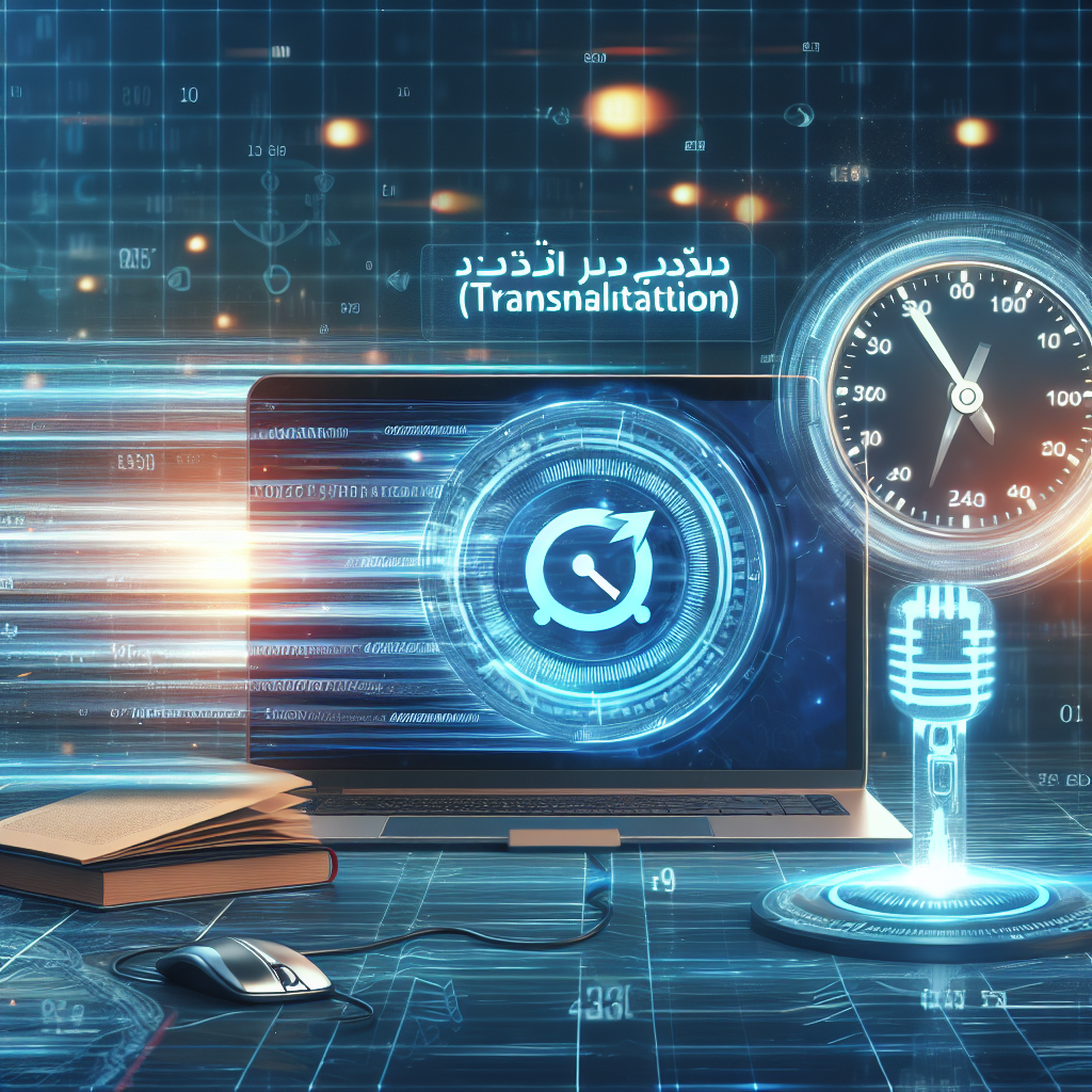 Hızlı ve etkili çeviri hizmetlerini vurgulayan bir sahne; ekranda ilerleyen dijital çeviri süreci, arka planda dijital saat ve hız simgeleri. Teknolojik bir atmosfer.