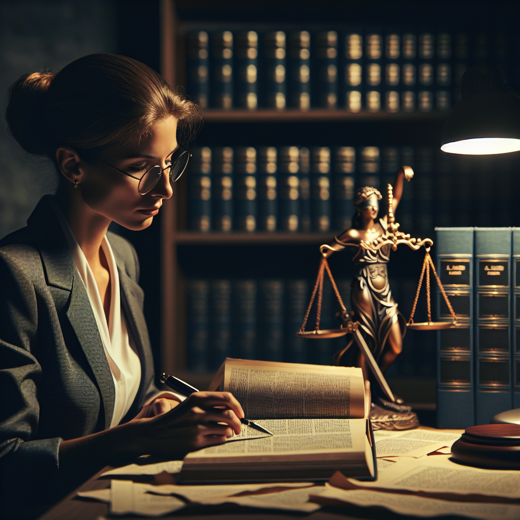 Hukuki belgeleri inceleyen bir çevirmen, masasında hukuk kitapları ve yanında bir adalet terazisi sembolü. Resmi ve güvenilir bir atmosfer.