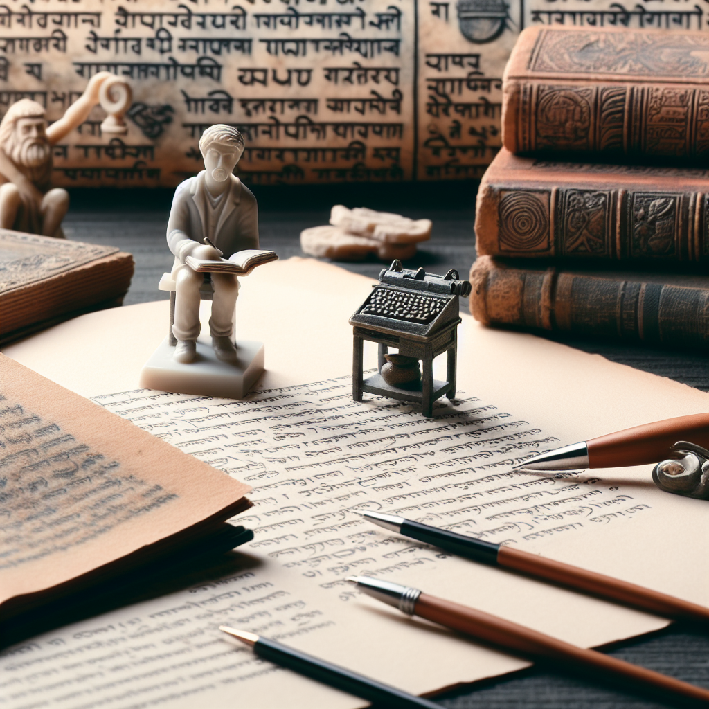 Masasında bir yazar heykelciği, açık kitaplar ve eski el yazmalarıyla çalışan bir tercüman. Arka planda tarihi romanlar ve klasik eserlerin çevirilerine atıfta bulunan detaylar.