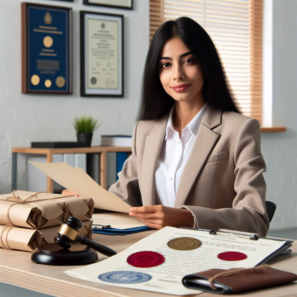 Ofis ortamında sertifikalı tercüme hizmeti sunan bir tercüman, masasında mühürlü belgeler, sertifikalar ve resmi damgalar. Arka planda çerçevelenmiş başarı belgeleri ve resmi kurumlara atıfta bulunan unsurlar.