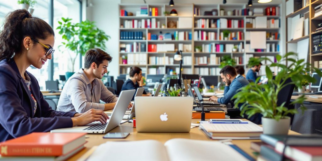 Translation office interior, staff and language materials.