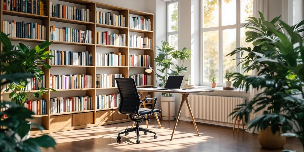 Modern workspace and bookcase in the translation office.