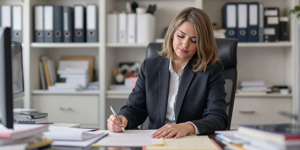 Yeminli tercüman, belgeler üzerinde çalışıyor.
