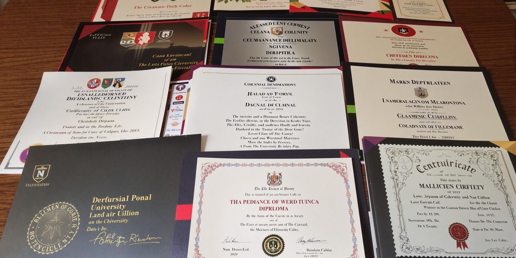 Different university diplomas and documents on the desk.